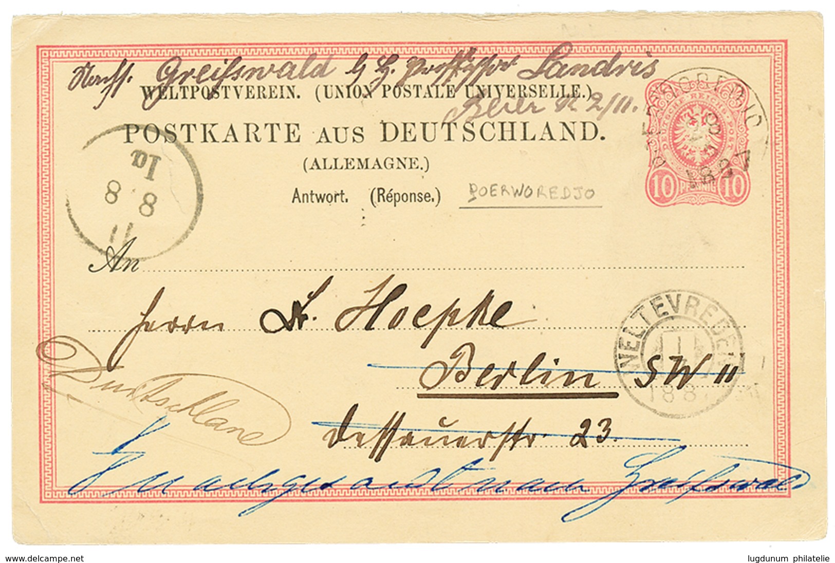 NETH. INDIES : 1887 GERMANY P./Stat 10pf(reply Card) Canc. POERWOREDJO To BERLIN. Scarce. Vvf. - Curaçao, Antilles Neérlandaises, Aruba