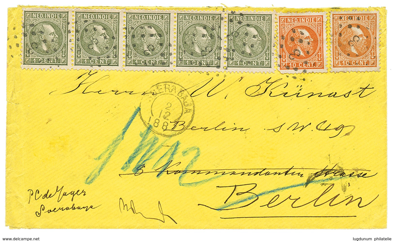 NETH. INDIES : 1887 1c Strip Of 5 + 10c(x2) Canc. 3 + SOERABAJA On Envelope To GERMANY. RARE. Vvf. - Curaçao, Antilles Neérlandaises, Aruba