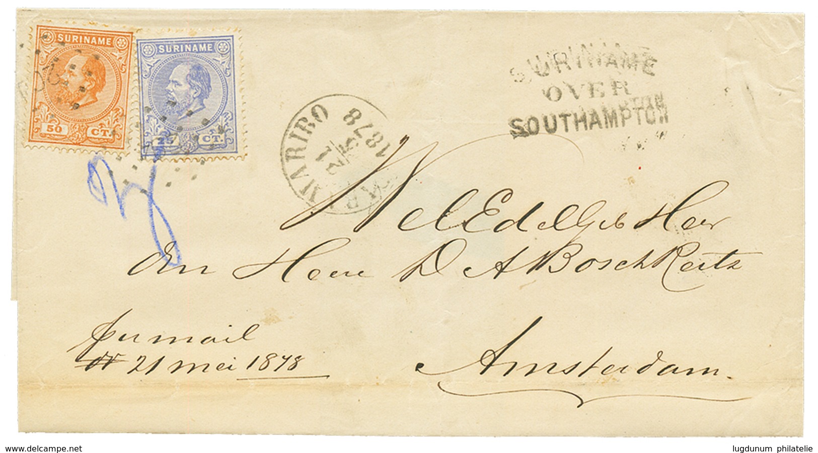 SURINAME : 1878 25c + 50c On Cover From PARAMARIBO To AMSTERDAM. Some Faults On Reverse. Vf. - Curaçao, Nederlandse Antillen, Aruba