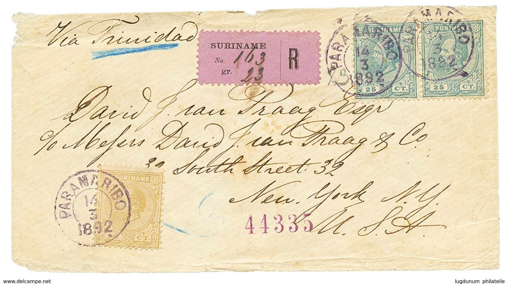 SURINAME : 1892 25c(x2) + 10c On Cover From PARAMARIBO To NEW-YORK (USA). Vvf. - Curaçao, Antilles Neérlandaises, Aruba