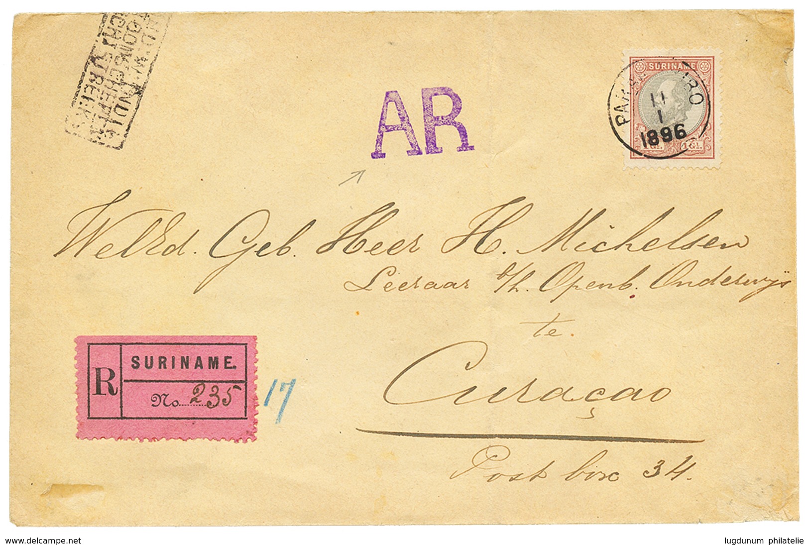 SURINAME : 1896 1 GULDEN Canc. PARAMARIBO + A.R Violet On REGISTERED Envelope To CURACAO. Rare Stamp On Letter. Vvf. - Curaçao, Antilles Neérlandaises, Aruba