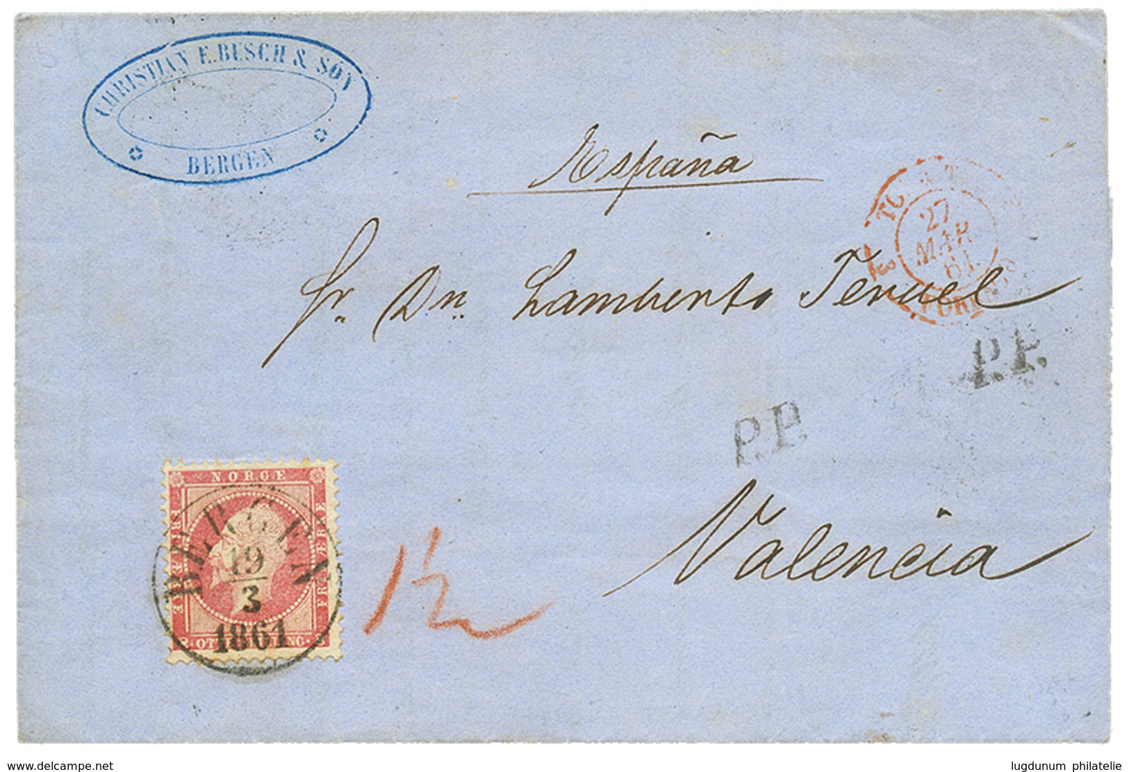 NORWAY : 1861 8 Sk Canc. BERGEN + P.P On Entire Letter (printed Matter) To VALENCIA(SPAIN). Superb. - Andere & Zonder Classificatie