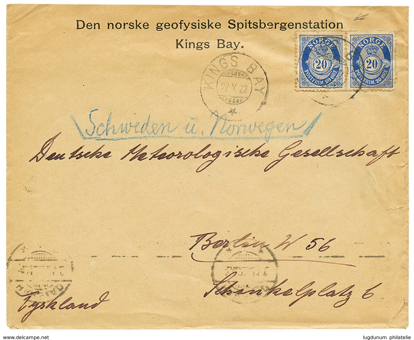 SPITSBERG Station - POLAR : 1922 NORWAY 20 Ore(x2) Canc. KINGS BAY On Printed Envelope "NORSKE GEOFYSISKE SPITSBERGENSTA - Andere & Zonder Classificatie