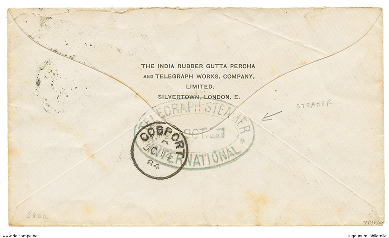 CAP VERT - CABO VERDE : 1884 Pair 50R Canc. S.VINCENT On Envelope To ENGLAND. Verso, Rare Cachet TELEGRAPH STEAMER INTER - Andere & Zonder Classificatie