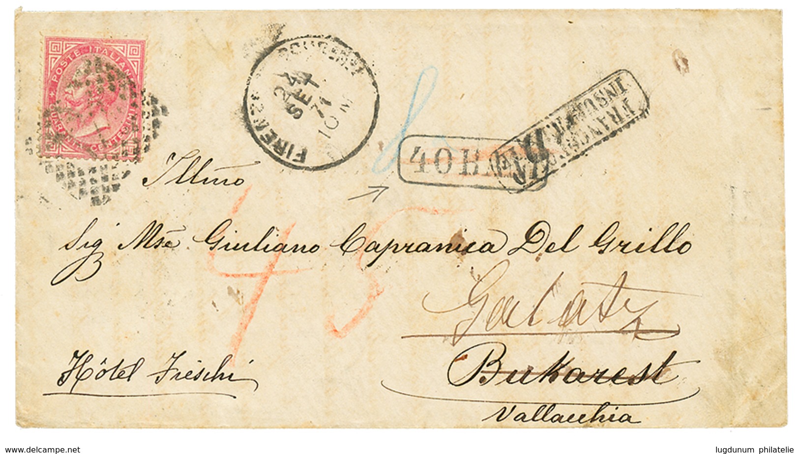 ROMANIA - Incoming Mail : 1871 ITALY 40c + Boxed TAX Marking "40 BANI" + FRANCOBOLLI INSUFFICIENTE On Cover To BUCAREST  - Autres & Non Classés