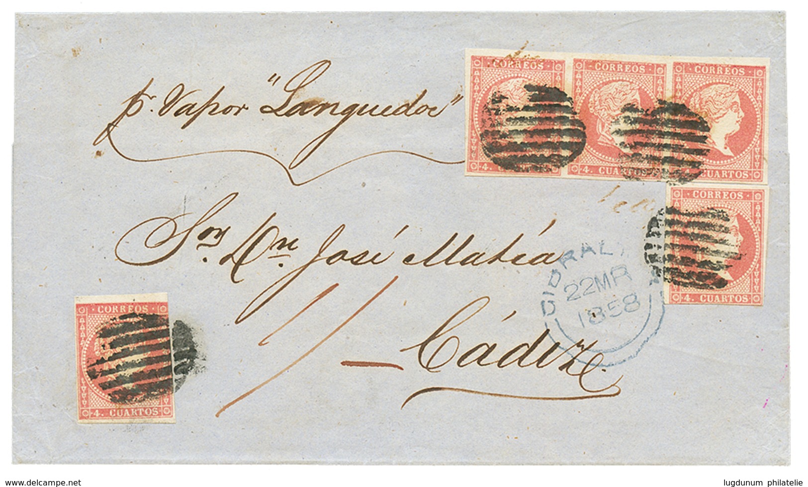 GIBRALTAR : 1858 SPAIN 4c(x5) + Large Blue Cachet GIBRALTAR On Cover To CADIZ. RARE. Vvf. - Autres & Non Classés