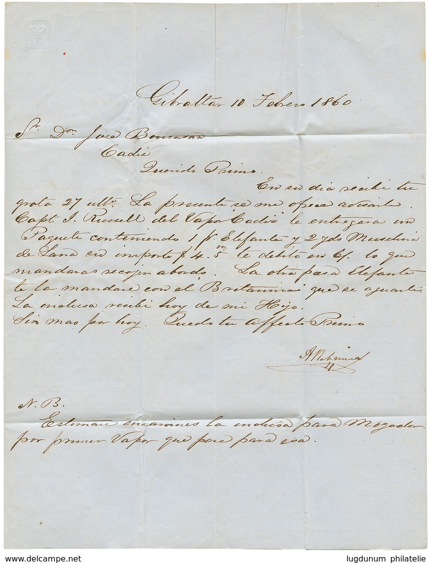 1860 SPAIN 4c(x2) + SAN ROQUE CADIZ On Entire Letter From GIBRALTAR To CADIZ. Double Rate. Vvf. - Autres & Non Classés