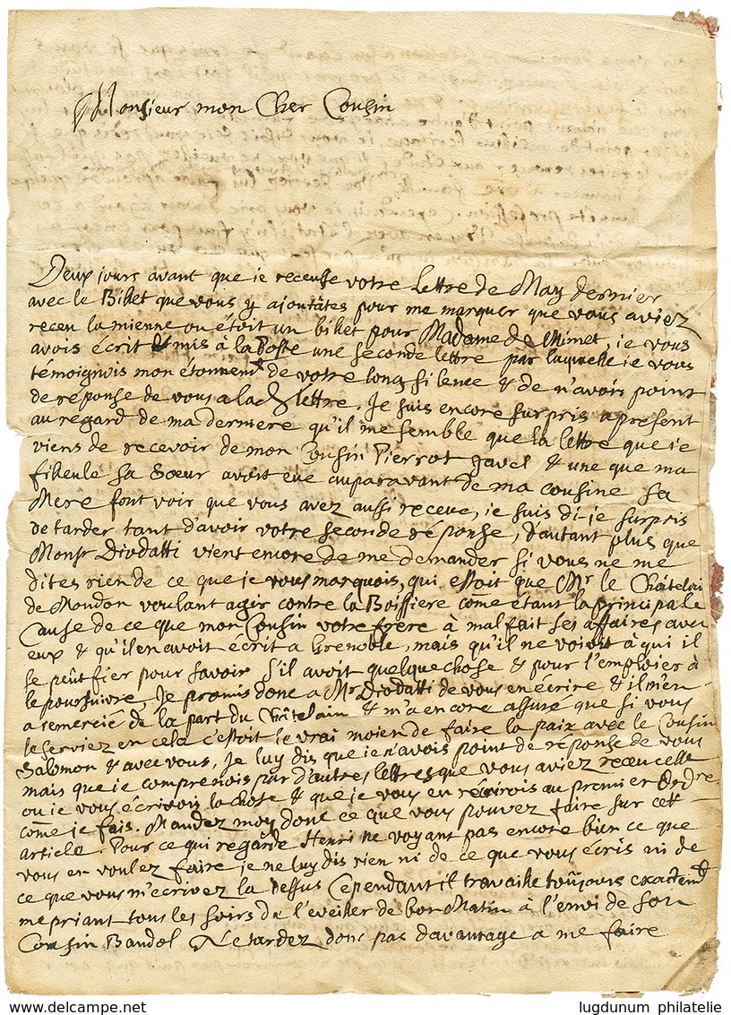 1698 "6" Tax Marking + "Par GRENOBLE Et Par GAP" Manuscript + "RECOMMANDE à La Bonté De Mr GAUTIER Au Baillage De GAP" O - Autres & Non Classés