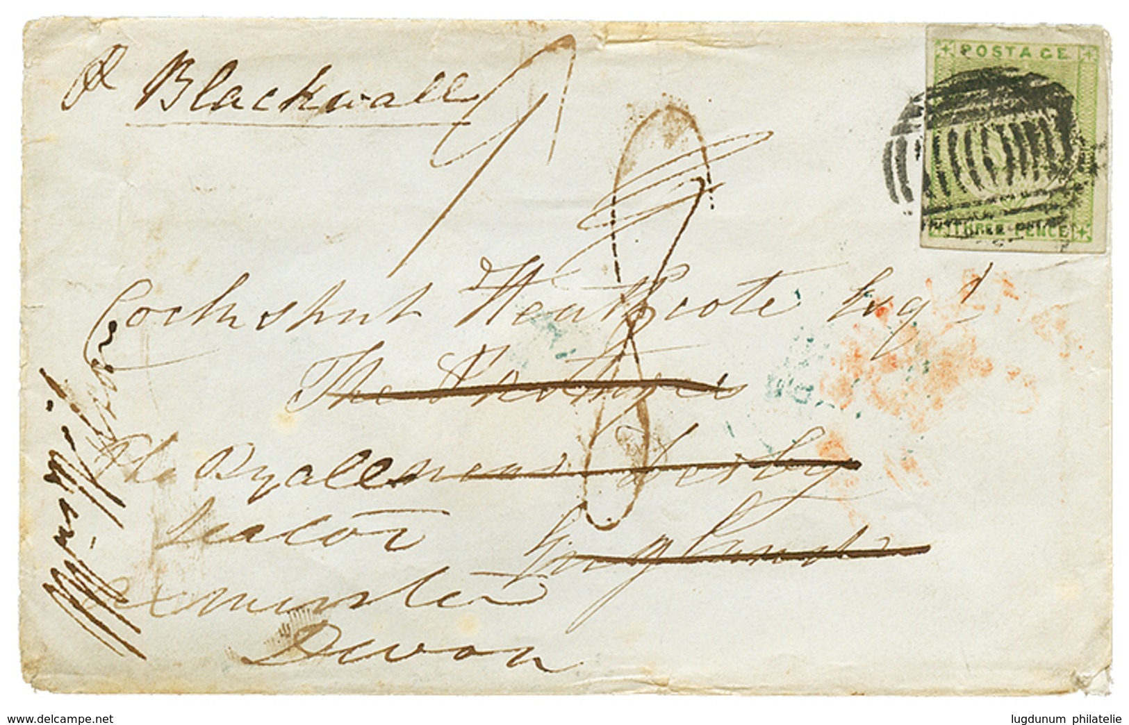 NEW SOUTH WALES : 1852 3p Green With 4 Large Margins + Tax Marking On Envelope To ENGLAND. Scarce. Vf. - Sonstige & Ohne Zuordnung