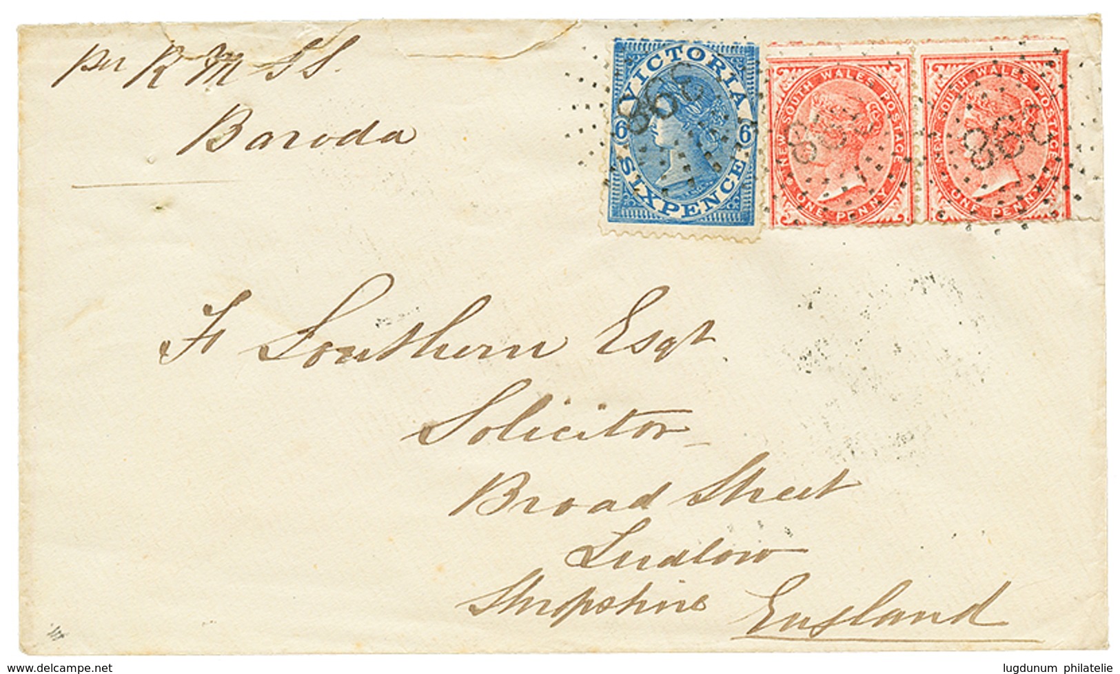 Mixt Franking NSW / VICTORIA : 1873 NSW 1d(x2) + VICTORIA 6d Canc. 398 On Envelope To ENGLAND. Verso, WANGANELLA NSW + Q - Andere & Zonder Classificatie