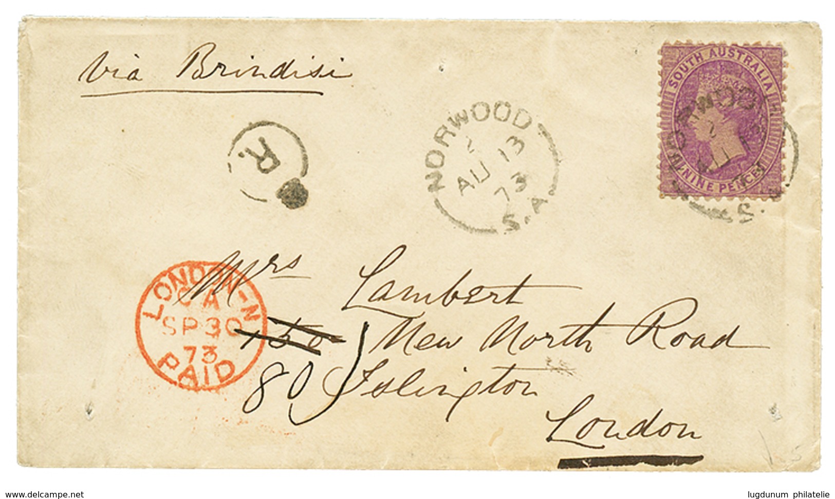 SOUTH AUSTRALIA : 1873 9d Violet Canc. NORWOOD S.A On Envelope Via BRINDISI To ENGLAND. Superb. - Andere & Zonder Classificatie