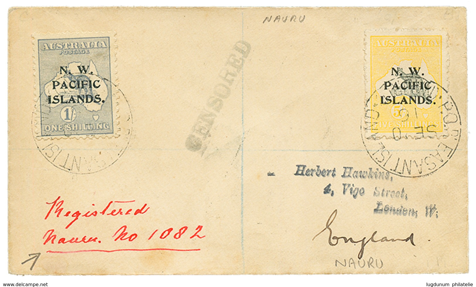 NAURU : 1916 AUSTRALIA Overprint N.W PACIFIC ISLANDS 1 SHILLING + 5 SHILLING + "manuscript "REGISTERED NAURU N°1082" In  - Otros & Sin Clasificación