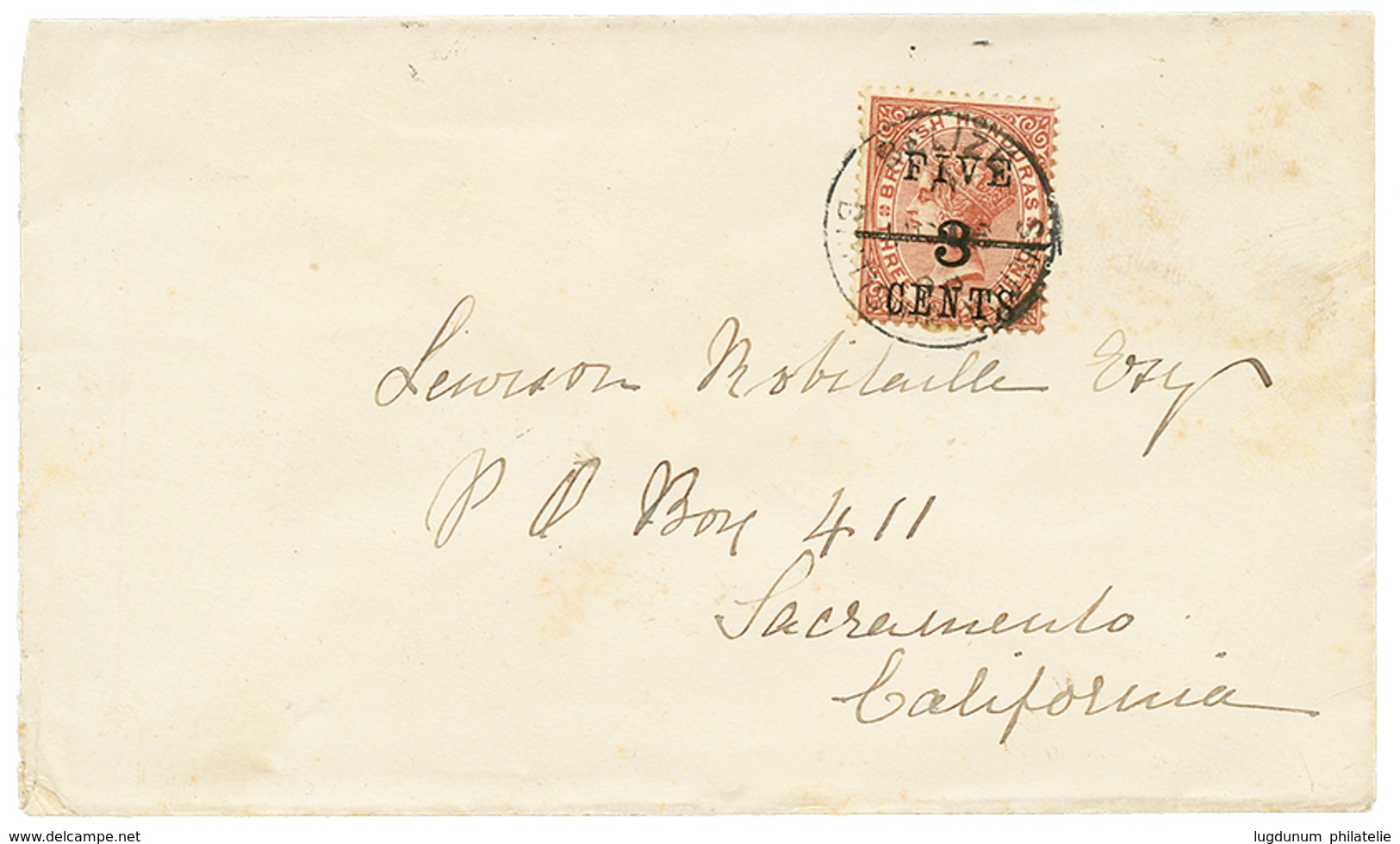 1898 FIVE / 3 CENTS On 3c Canc. BELIZE BRITISH HONDURAS On Envelope To CALIFORNIA. Scarce. Vf. - Andere & Zonder Classificatie