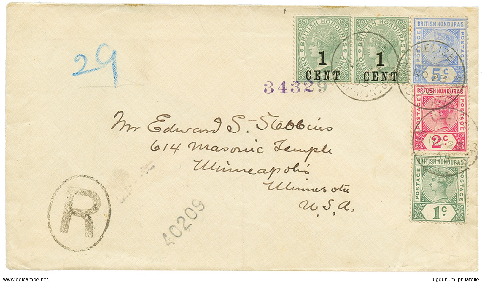 1905 1 CENT On 1p (x2) + 1c+ 2c+ 5c Canc. BELIZE On REGISTERED Envelope To USA. Vvf. - Andere & Zonder Classificatie