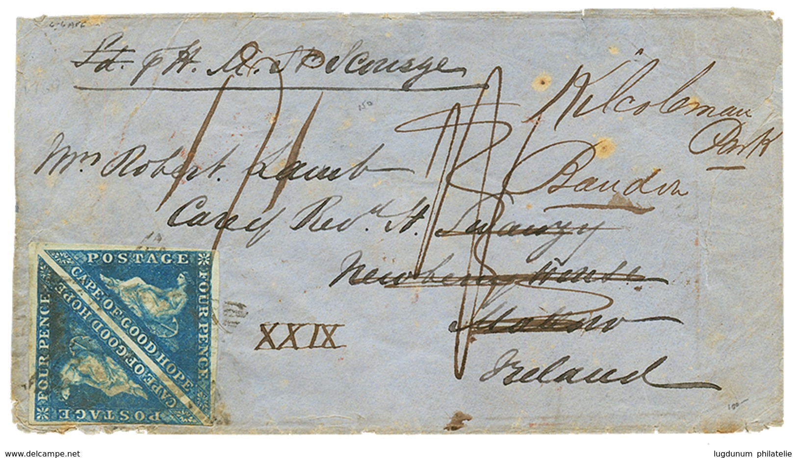 CAPE OF GOOD HOPE To IRELAND : 1857 Pair 4d (small Margin At Base But Stamp Not Touched) + Tax Marking On Envelope To MA - Cap De Bonne Espérance (1853-1904)
