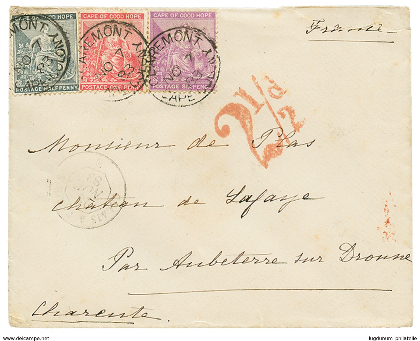 1883 CAPE OF GOOD HOPE 1/2d+ 1d+ 6d Canc. CLAREMONT CAPE COLONY + Tax Marking On Cover To FRANCE. Vvf. - Cabo De Buena Esperanza (1853-1904)