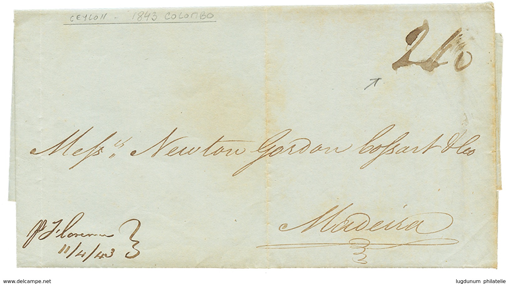 CEYLON To MADEIRA : 1843 "240' Tax Marking On Entire Letter Datelined COLOMBO To MADEIRA. RARE. Vvf. - Ceilán (...-1947)