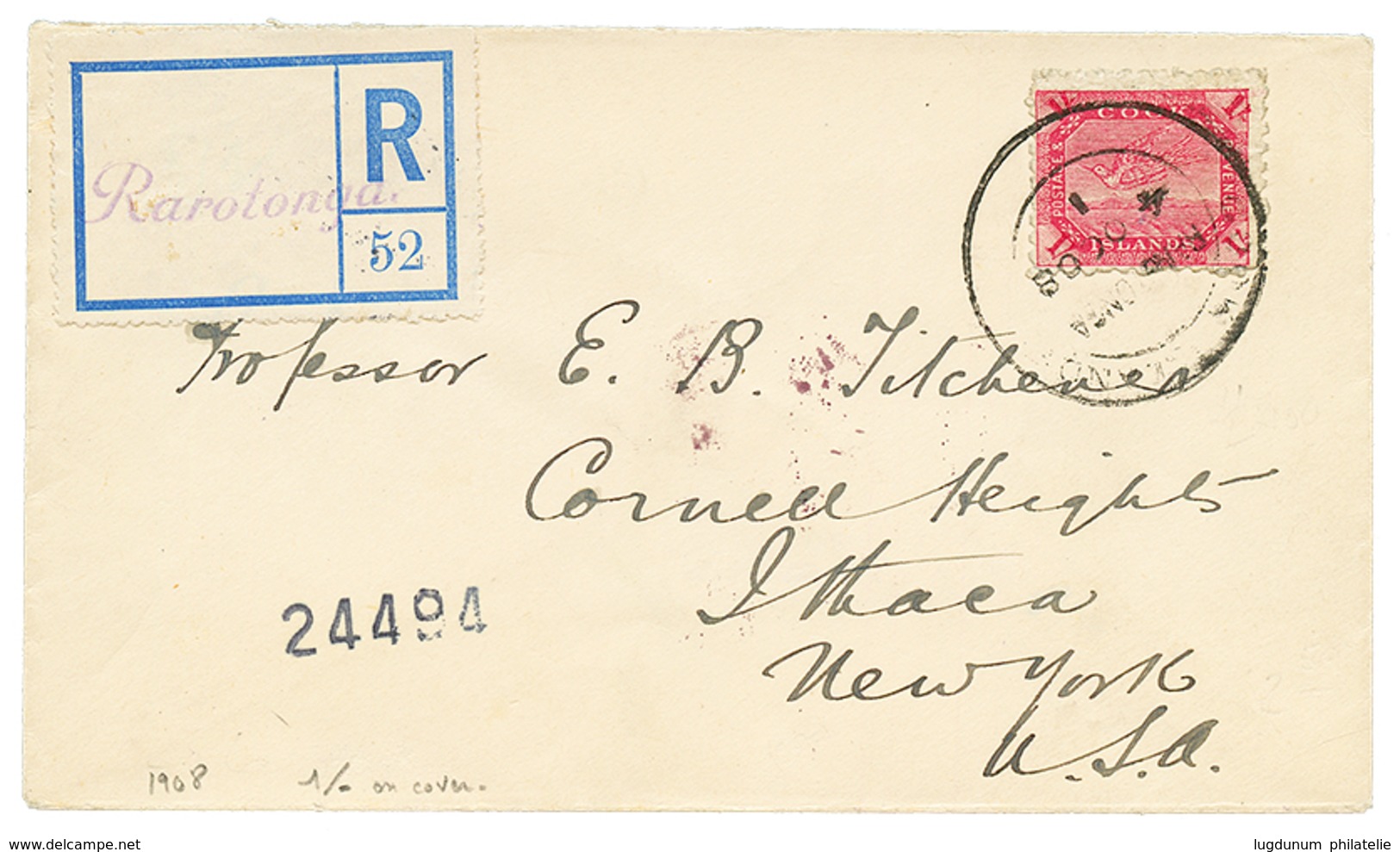 COOK ISLANDS : 1908 1 SHILLING Red Canc. On REGISTERED Cover To NEW YORK-(USA). Rare Stamp On Cover. Vf. - Autres & Non Classés