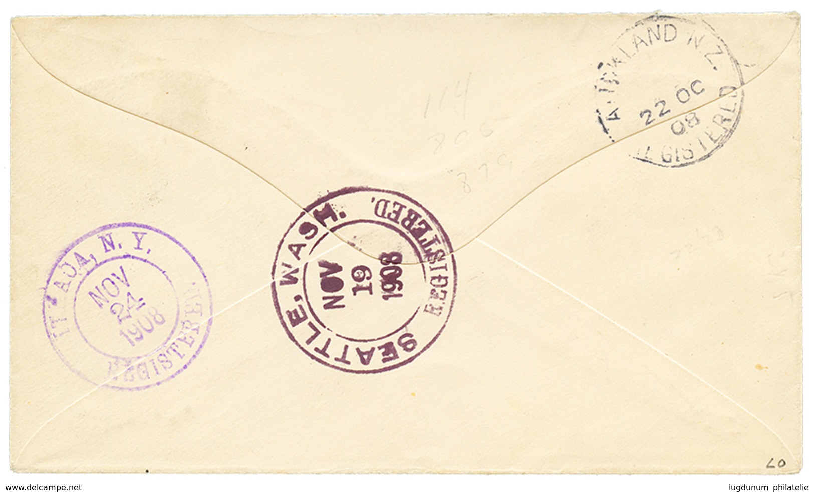 COOK ISLANDS : 1908 1 SHILLING Red Canc. On REGISTERED Cover To NEW YORK-(USA). Rare Stamp On Cover. Vf. - Andere & Zonder Classificatie