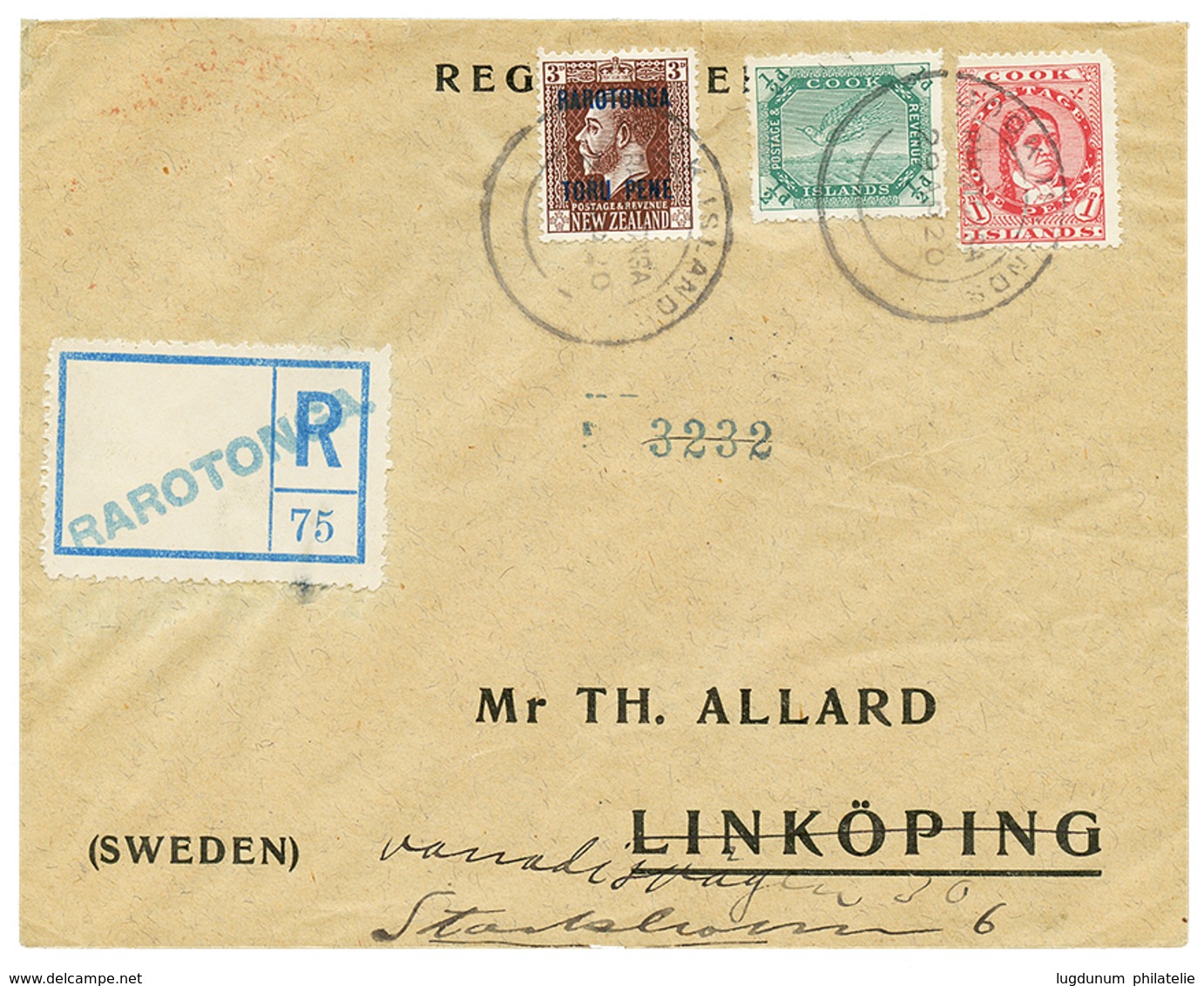 COOK ISLANDS : 1920 Mixt 1/2d+ 1d + RAROTONGA 3d On REGISTERED Envelope To LINKOPING (SWEDEN). Vvf. - Autres & Non Classés