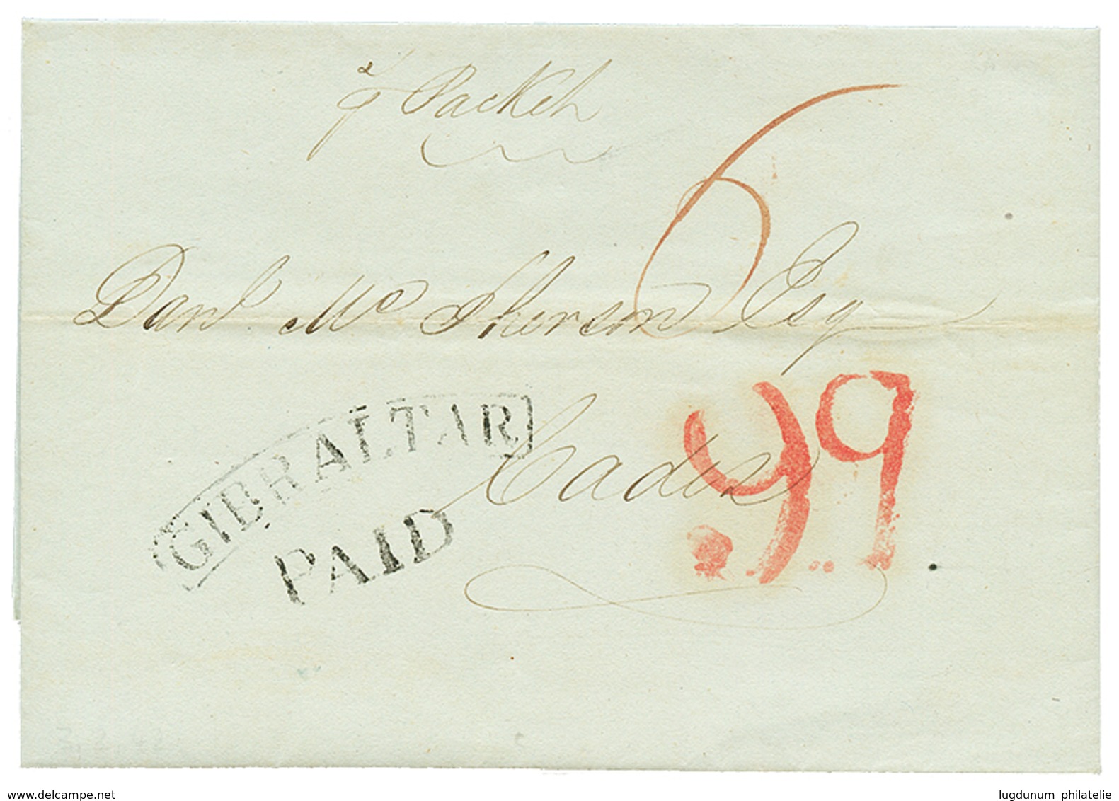 1842 GIBRALTAR/PAID + "99" Red Tax Marking On Entire Letter To SPAIN. Superb. - Gibraltar