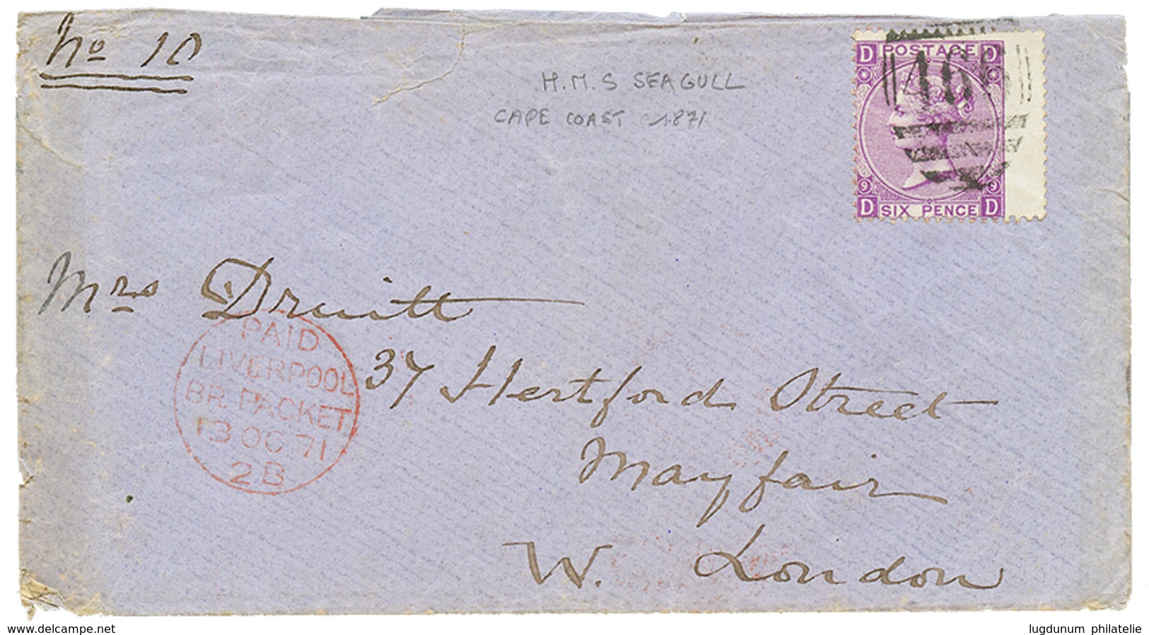 "H.M.S SEAGULL - CAPE COAST" : 1871 GB 6d Canc. 466 + LIVERPOOL BR.PACKET On Envelope With Text Datelined "CAPE COAST" T - Goudkust (...-1957)