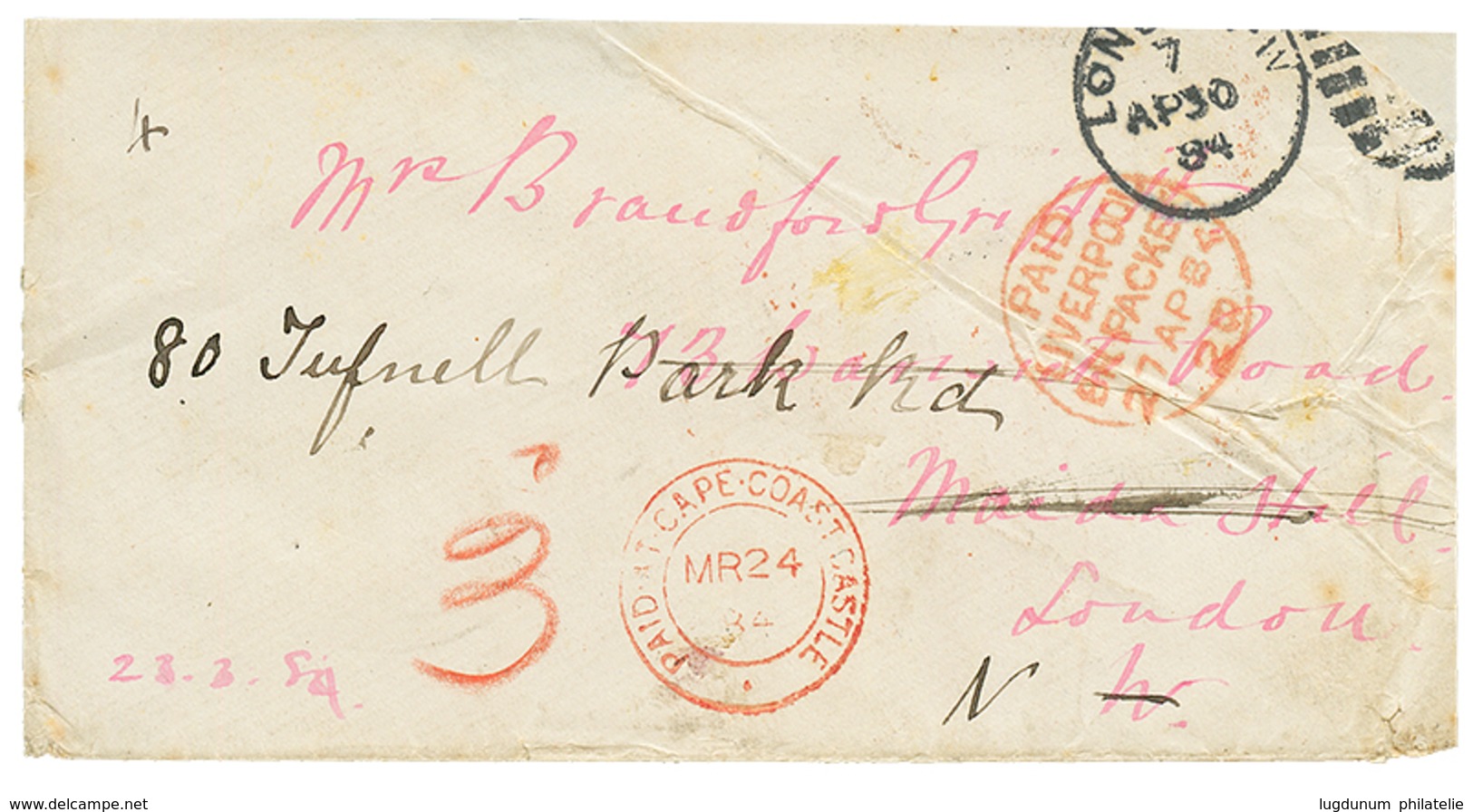 1884 Red Cachet PAID AT CAPE COAST CASTLE + "3d" Tax Marking On Envelope To ENGLAND. Ex. SACHER. Vvf. - Côte D'Or (...-1957)