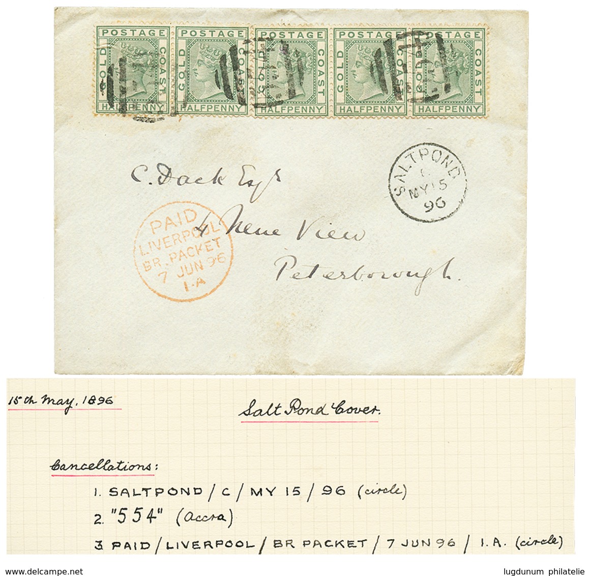 "SALTPOND" : 1896 1/2p (x5) Canc. Killer 554 + SALTPOND On Envelope To ENGLAND. Ex. SACHER. Superb. - Goudkust (...-1957)