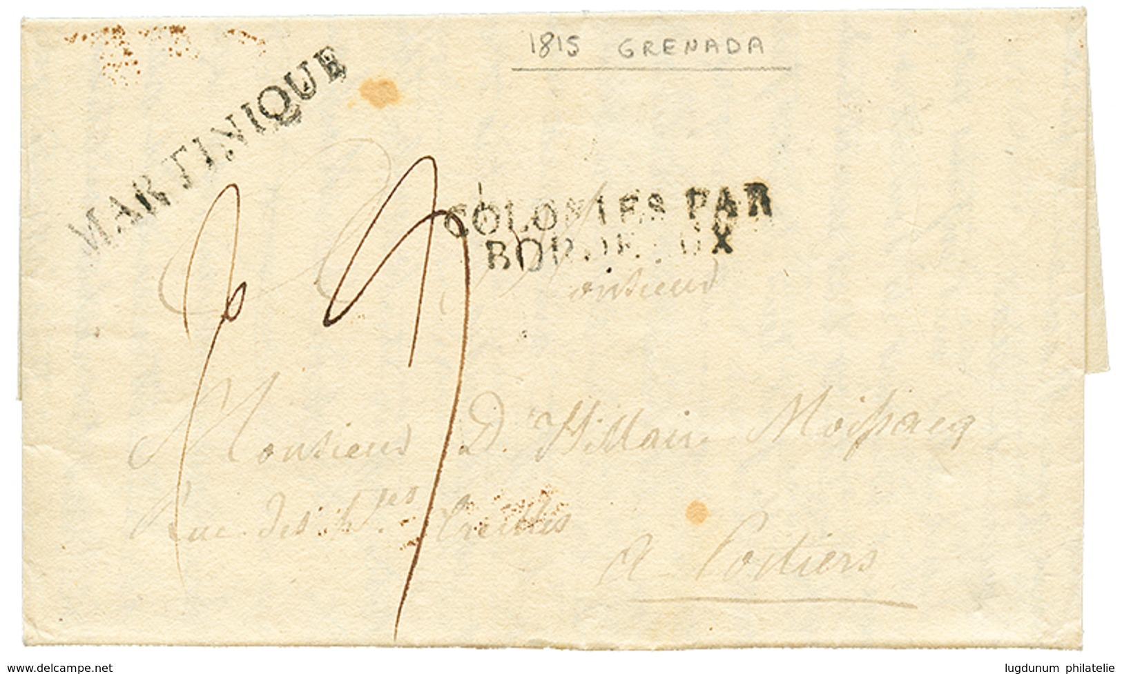 GRENADA Via MARTINIQUE (BRITISH OCCUPATION) : 1815 COLONIES PAR BORDEAUX + MARTINIQUE (scarce Type) On Entire Letter Dat - Grenada (...-1974)