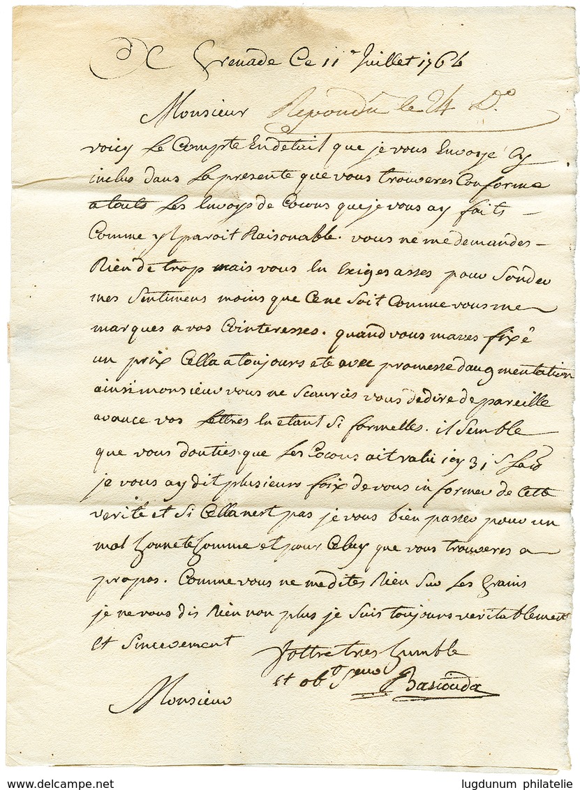 GRENADA : 1764 French Cachet GRISOLLES On Entire Letter Datelined "GRENADE" To MAONTAUBAN (FRANCE). Scarce. Vvf. - Grenade (...-1974)