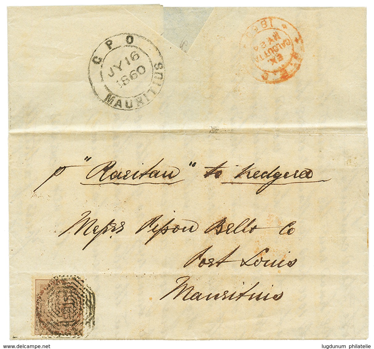 1860 INDIA 1a Canc. B/1 On Entire Letter From CALCUTTA To MAURITIUS. Scarce. Superb. - Andere & Zonder Classificatie
