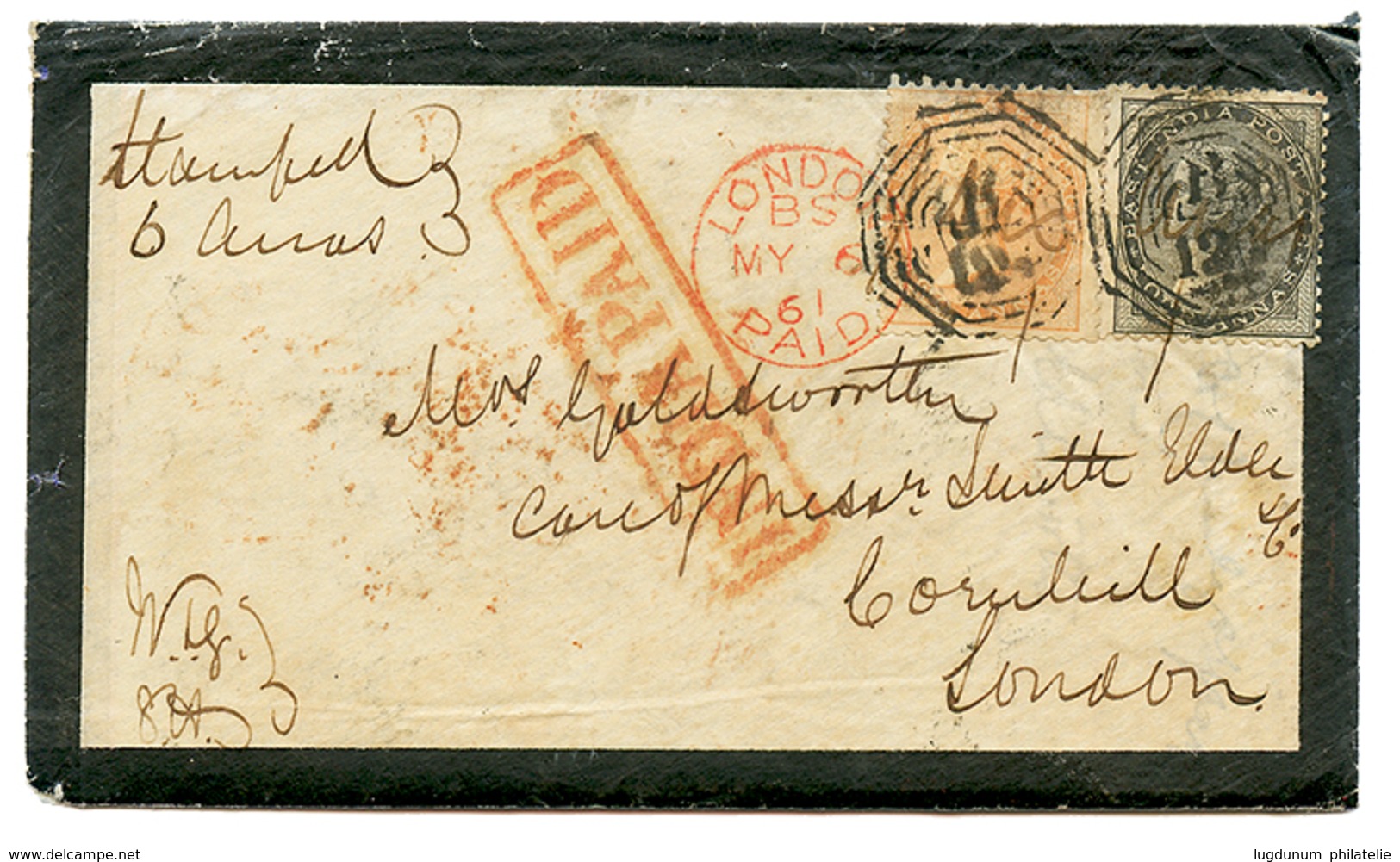 1861 2a + 4a Canc. B/127 INDIA PAID On Envelope With Text From AGRA To ENGLAND. Verso, PATNA P.O. Vf. - Andere & Zonder Classificatie