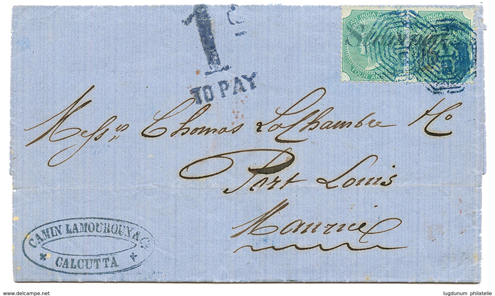 1867 INDIA 4a(x2) Canc. B/1 + 1d/TO PAY Tax Marking On Entire Letter From CALCUTTA To MAURITIUS. Vvf. - Autres & Non Classés