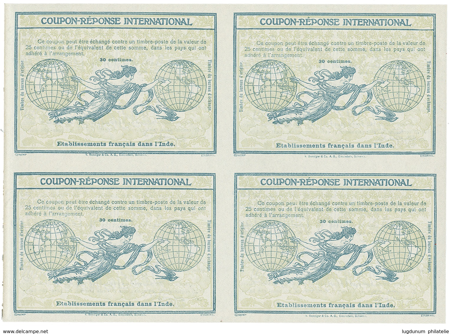 1906 INTERNATIONAL REPLY COUPON 30 Centimes "ETABLISSEMENTS FRANCAIS DANS L' INDE", Block Of 4 Unused. Very Scarce. Supe - Autres & Non Classés