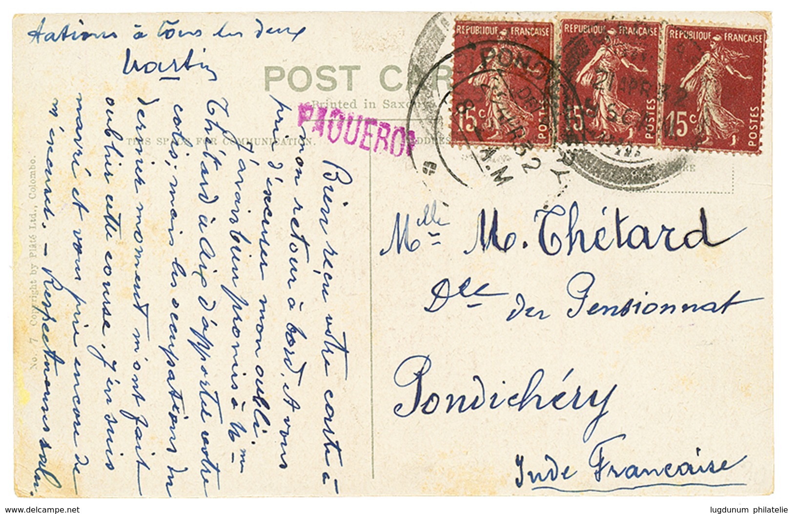 1932 FRANCE 15c(x3) Canc. PONDICHERY + PAQUEBOT On Card To PONDICHERY. Scarce. Vf. - Otros & Sin Clasificación