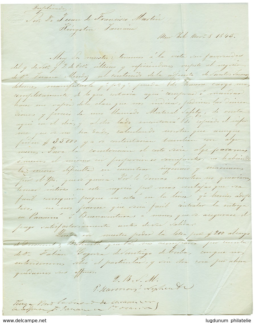 1845 JAMAICA SHIP LETTER On Entire Letter From NEW-YORK (USA) To KINGSTON. Superb. - Jamaïque (...-1961)