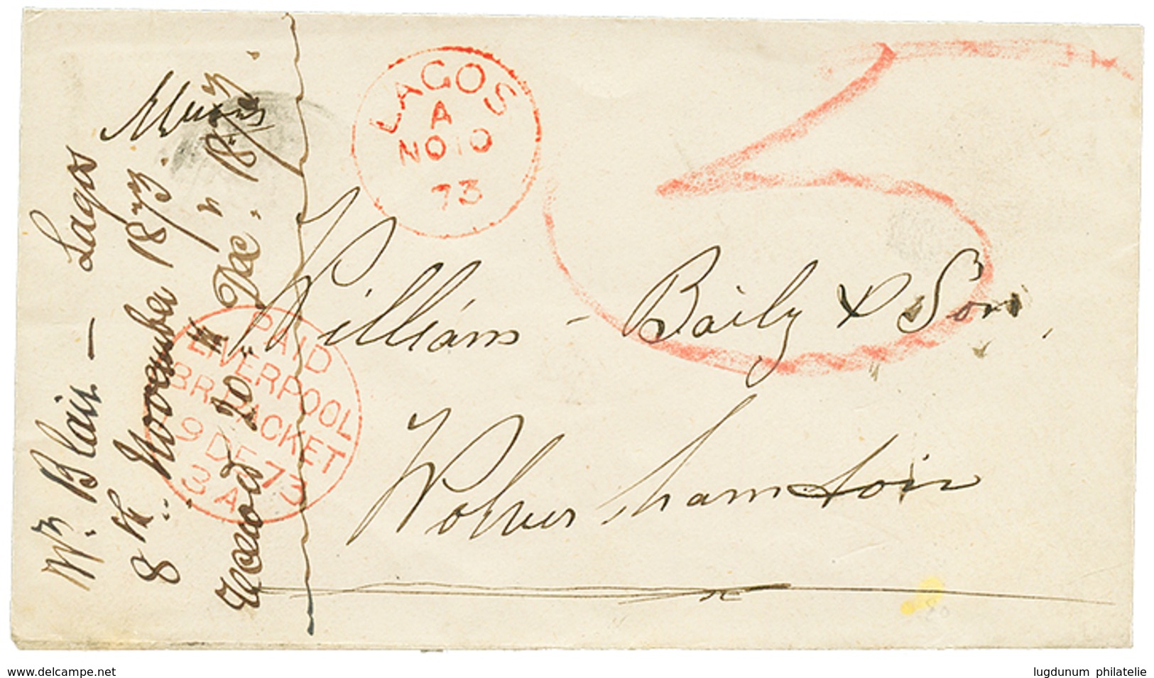 LAGOS : 1873 LAGOS + "5" Tax Marking On Envelope To ENGLAND. Ex. SACHER & SANDERSON(1980). Superb. - Autres & Non Classés