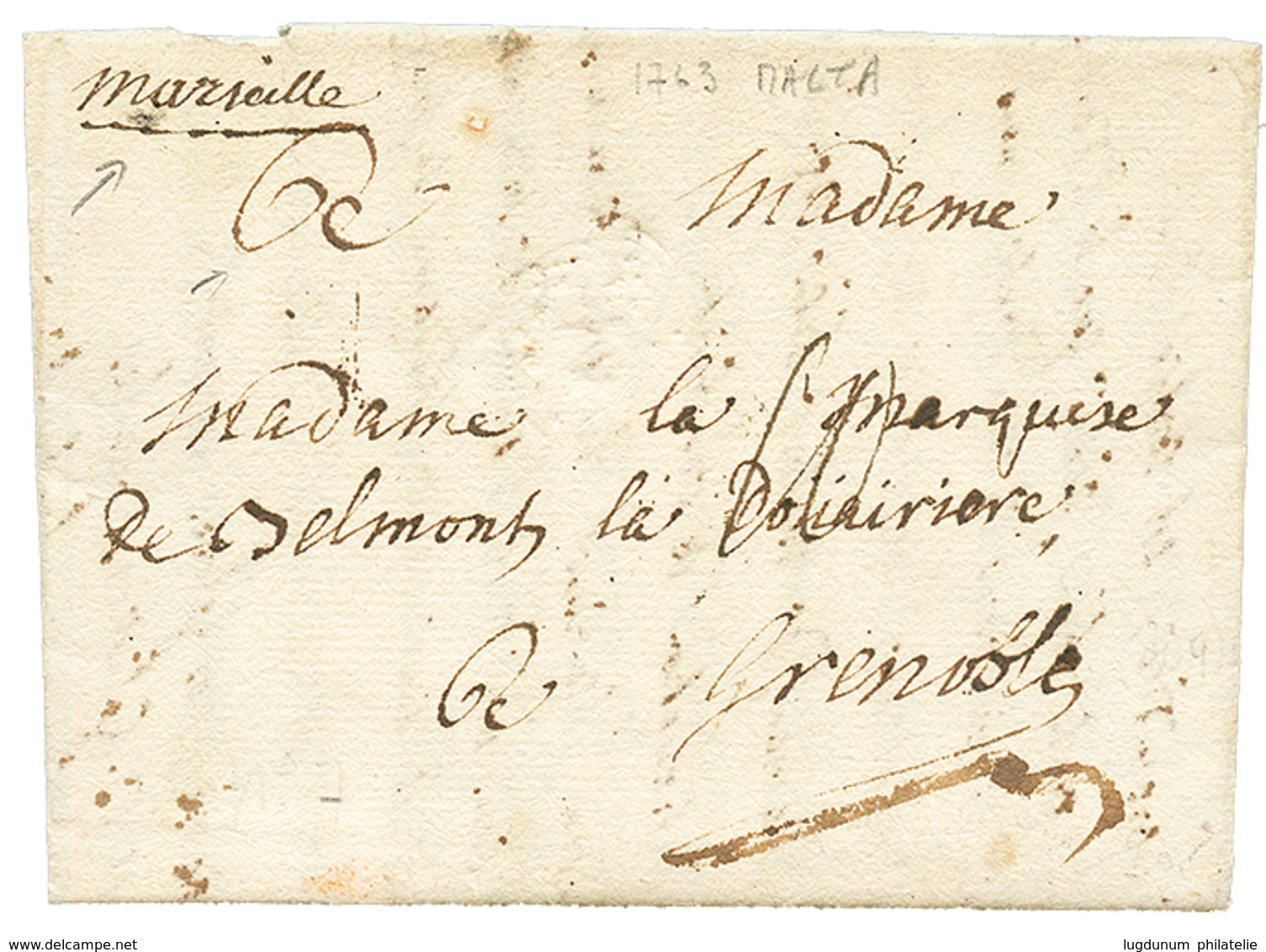 1763 "MARSEILLE" Entry Mark + "6c" Tax Marking On Entire Letter Datelined "MALTA" To GRENOBLE (FRANCE). Scarce. Vvf. - Malta (...-1964)