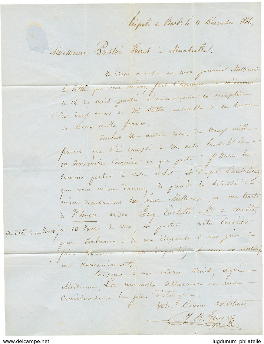 TRIPOLI (LYBIA) Via MALTA : 1856 POSS.ANG. 1 MARSEILLE In Red + "8" Tax Marking + Forwarding Agent Cachet AUG. PORTELLI  - Malta (...-1964)