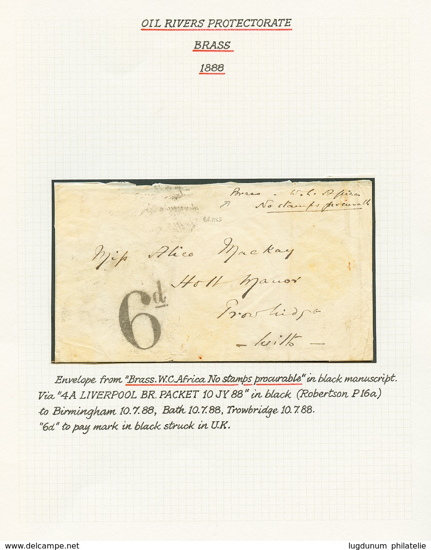 OIL RIVERS PROTECTORATE - BRASS : 1888 Manuscript "BRASS W.C AFRICA NO STAMPS PROCURABLE" + "6d" Tax Marking On Envelope - Autres & Non Classés