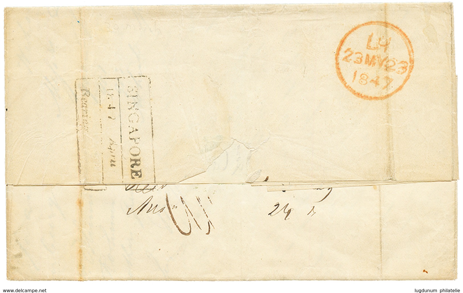 1847 Boxed SINGAPORE/ Bearing On Reverse Of Entire Letter From SINGAPORE To ENGLAND. Vf. - Andere & Zonder Classificatie