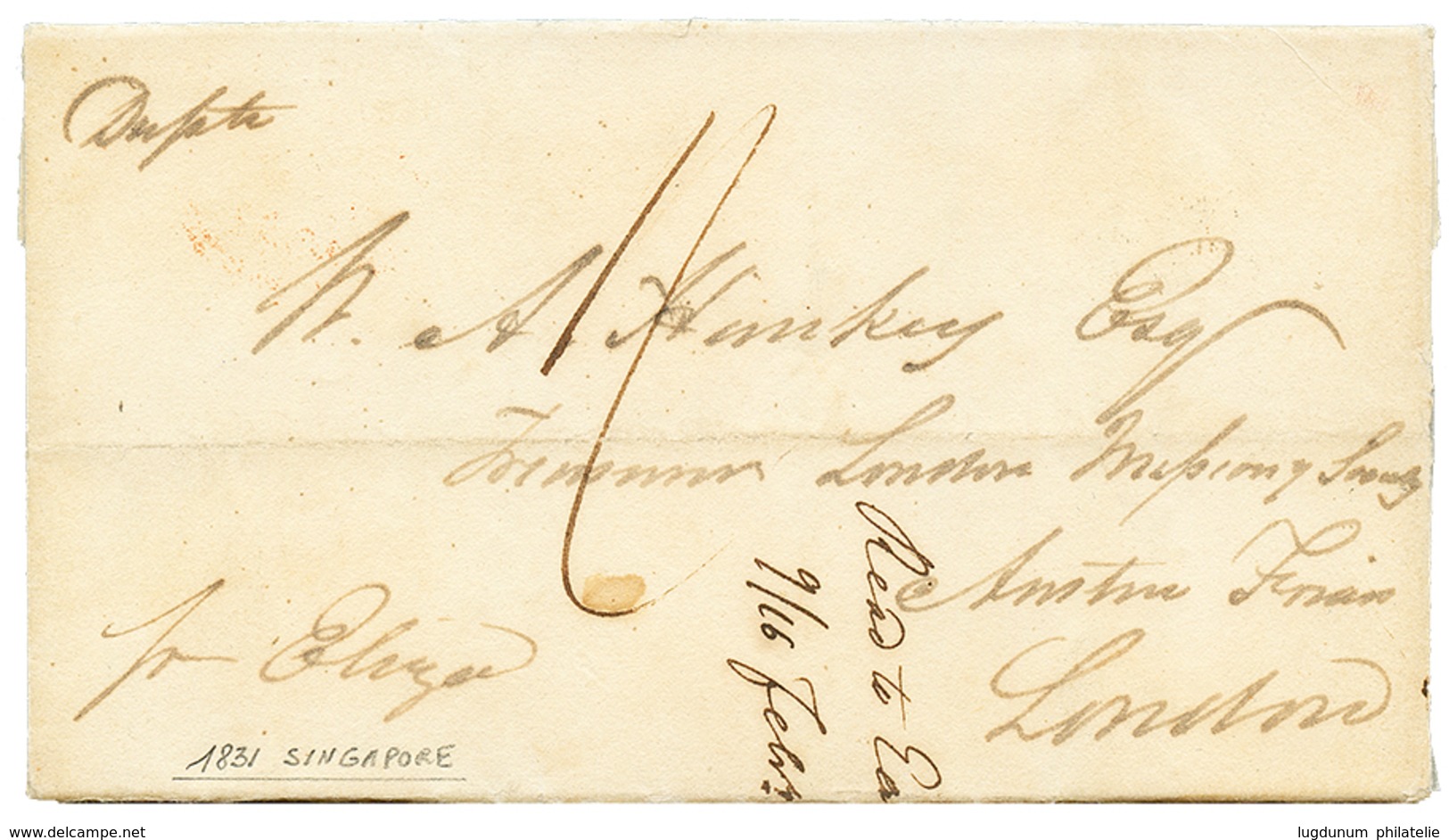STRAITS SETTLEMENTS : 1831 Boxed INDIA LETTER DOVER On Reverse Of Entire Letter From SINGAPORE To ENGLAND. Vvf. - Otros & Sin Clasificación