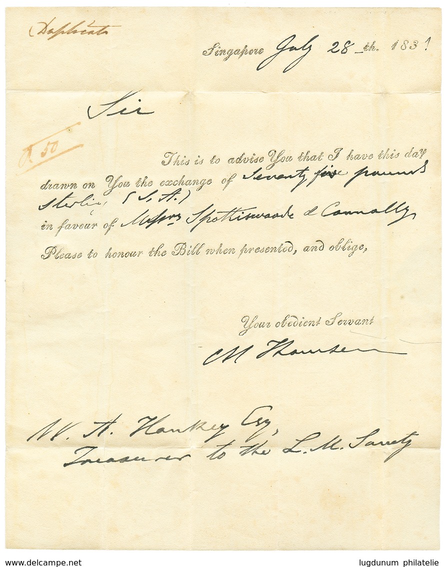 STRAITS SETTLEMENTS : 1831 Boxed INDIA LETTER DOVER On Reverse Of Entire Letter From SINGAPORE To ENGLAND. Vvf. - Other & Unclassified