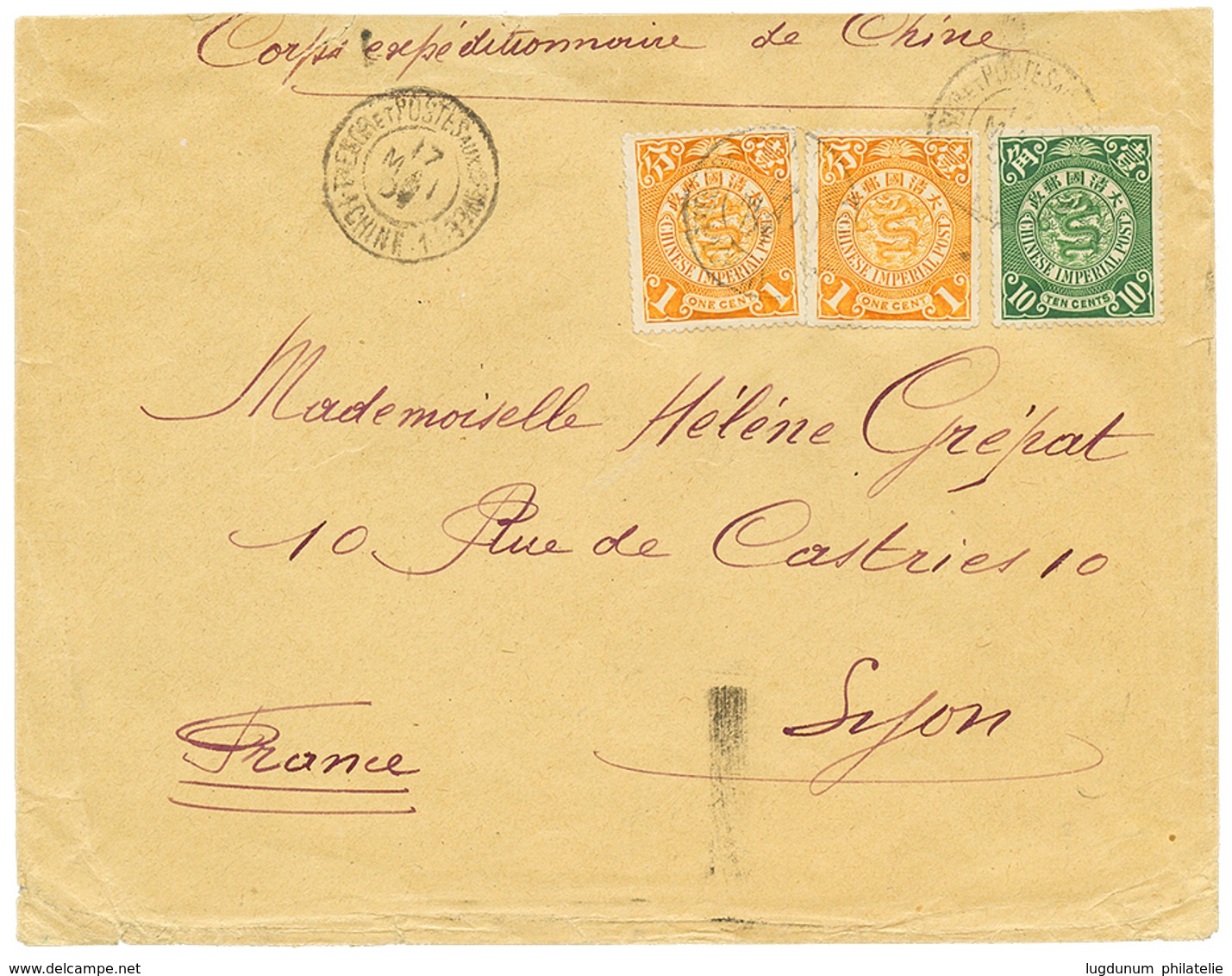 1901 CHINA 1c(x2) + 10c Canc. By French Military Cachet TRESOR ET POSTES AUX ARMEES 1 CHINE 1 On Envelope To FRANCE. GRE - Autres & Non Classés