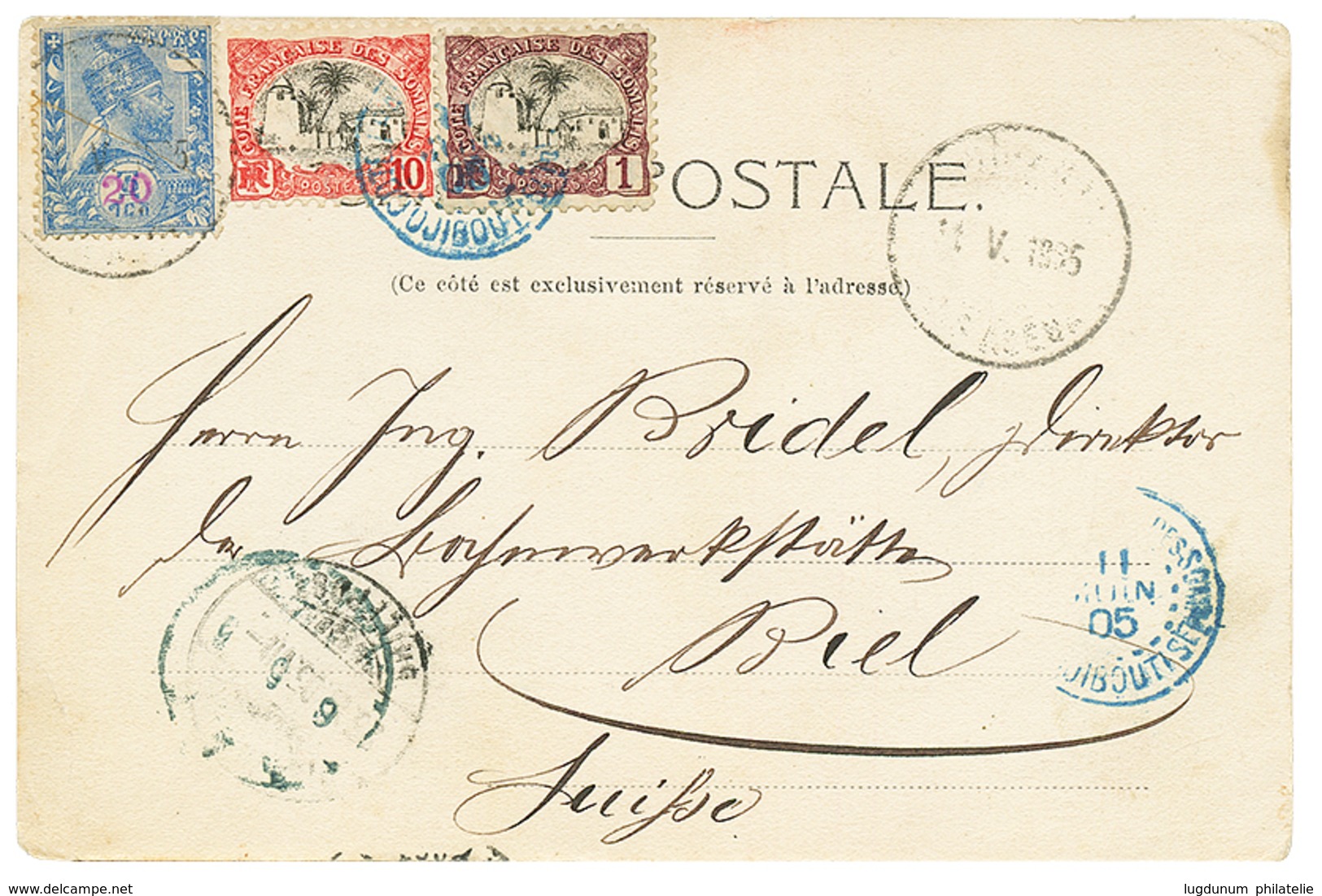 1905 ETHIOPIA 20 On 2g Canc. ADIS-ABEBA + SOMALI COAST 1c+ 10c Canc. DJIBOUTI On Card To SWITZERLAND. Vf. - Äthiopien