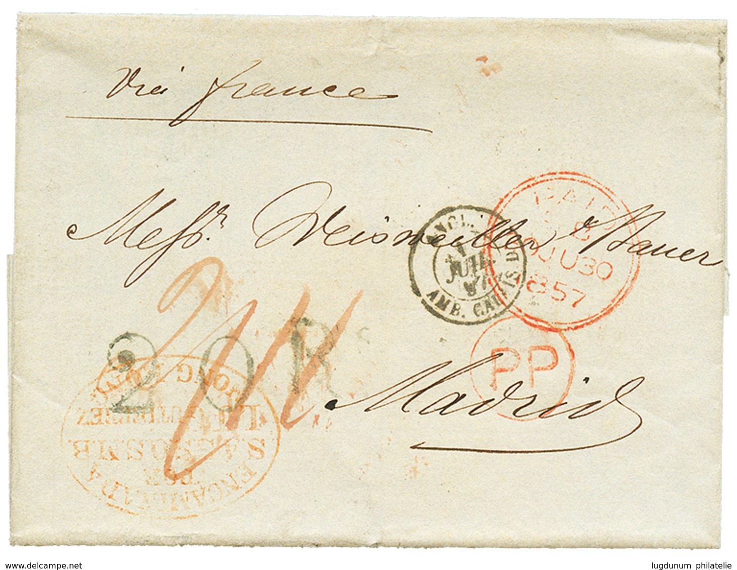 HONG-KONG To SPAIN : 1857 "20R" Tax Marking + P.P On Entire From HONG-KONG To MADRID (SPAIN). Recto, FORWARDING Agent Ca - Otros & Sin Clasificación