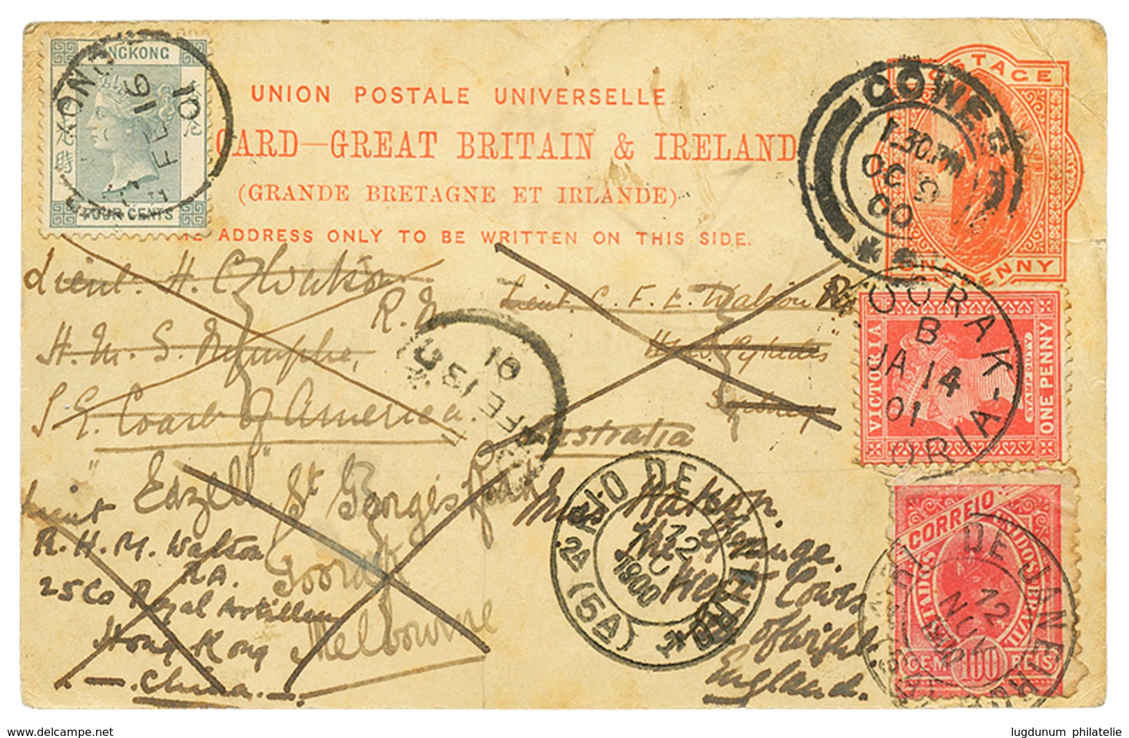 "Around The World ..." : 1900 ENGLAND P./Stat 1d Redirected With HONG-KONG 2c + VICTORIA 1d+ BRAZIL 100R. Vvf. - Otros & Sin Clasificación