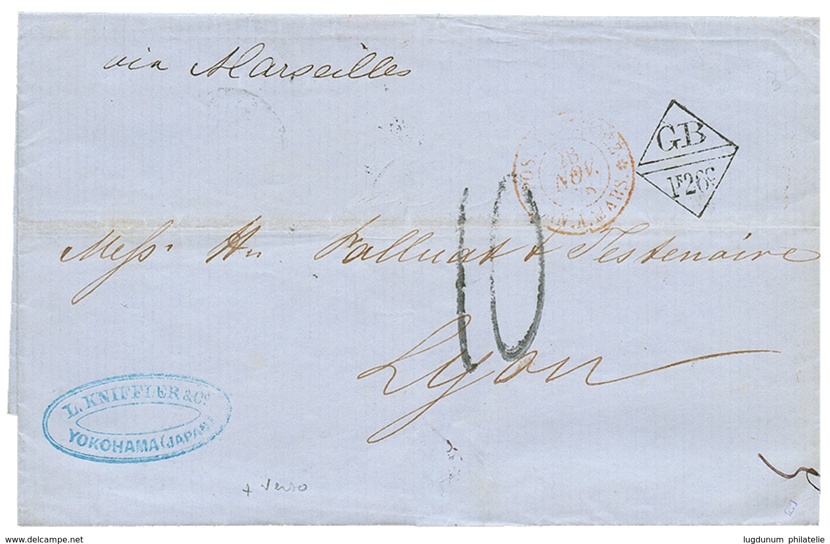 JAPAN ; 1868 Exchange Marking GB/1F26c On Entire Letter From YOKOHAMA To FRANCE. Verso, British Cds YOKOHAMA + HONG-KONG - Autres & Non Classés