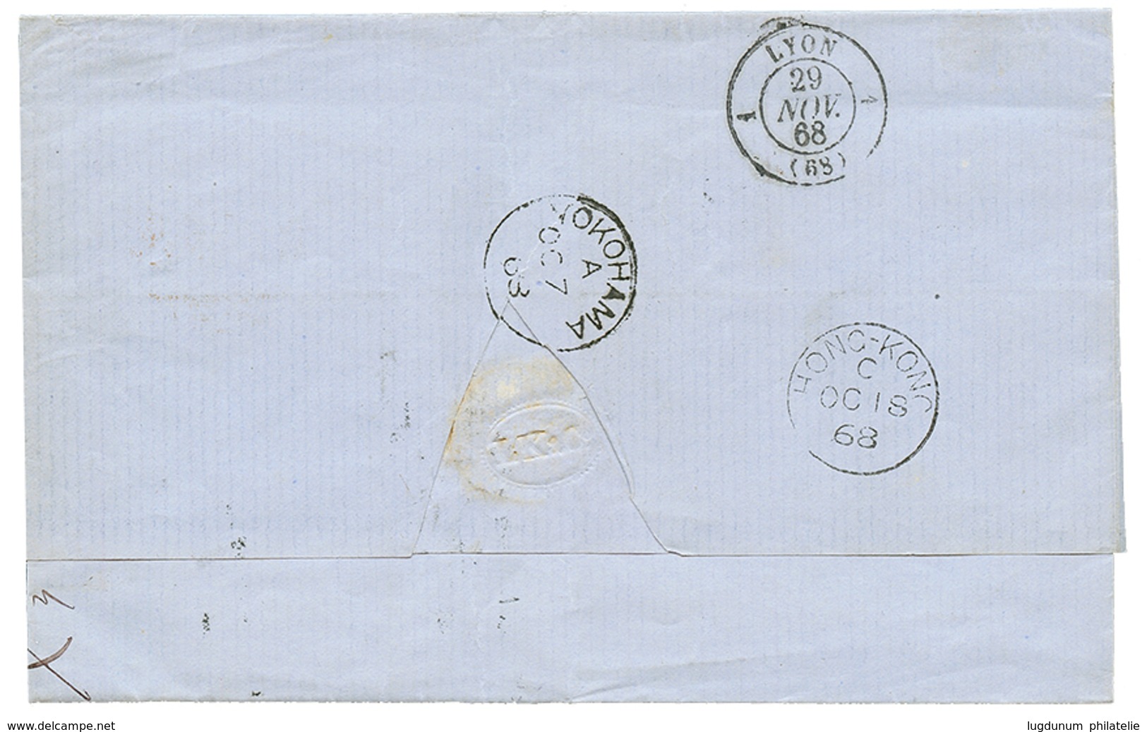 JAPAN ; 1868 Exchange Marking GB/1F26c On Entire Letter From YOKOHAMA To FRANCE. Verso, British Cds YOKOHAMA + HONG-KONG - Autres & Non Classés
