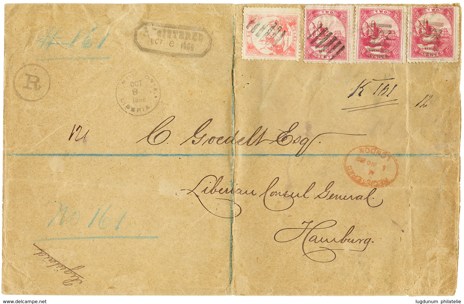 1888 LIBERIA 2c(x3) +24c On REGISTERED Envelope From MONROVIA To HAMBURG. Very Rare Franking. Vvf. - Liberia